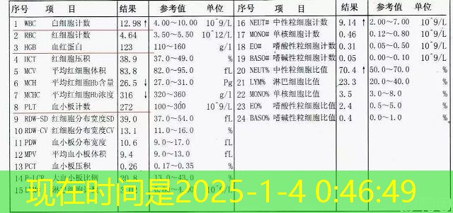 血常规检查项目示例